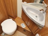 The toilet and vanity room is located on the UK offside. There’s a wide half-length mirror and tall cupboard to the left-hand of the sink in the Carado T 339