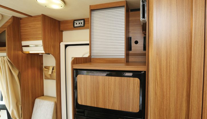 For a two-berth ’van, you still get a 167-litre fridge and 29-litre separate freezer. The small locker above permits a TV stand