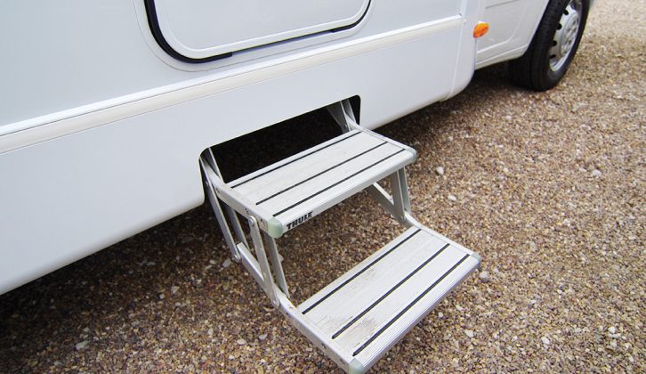 Although it’s a low-profile coachbuilt motorhome, the Sunlight T60 sits high on its chassis and requires a pair of entry steps to clamber aboard