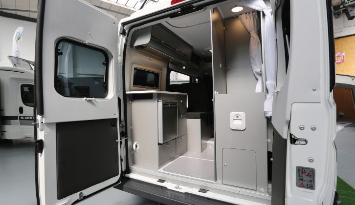 The ultra compact shower room and kitchen are neatly sited at the rear of the Adria Twin 500 S campervan