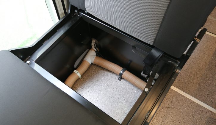 The Truma Combi boiler is housed under the nearside rear travel seat, making good use of the under-floor space