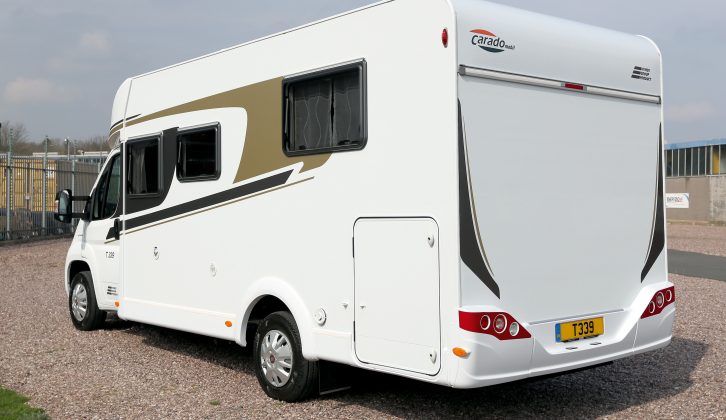 The Carado T 339 low-profile coachbuilt is 6.99m (22'11") long, 2.32m (7'7") wide and 2.91m (9'6") tall and offers a luxurious rear island double bed and a single bed made up from the dinette seating