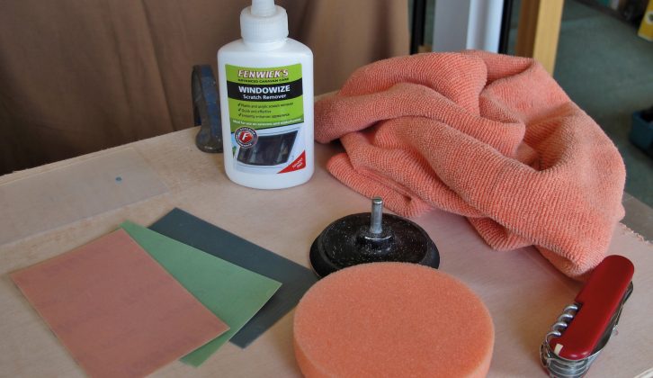Before you start, assemble the Fenwick's kit, which includes sandpapers, Windowize Scratch Remover, cloth and a buffing pad for your drill