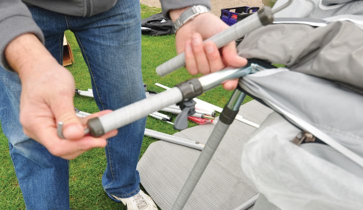Add extension pieces early in the assembly to get a canopy with this Ventura drive-away awning