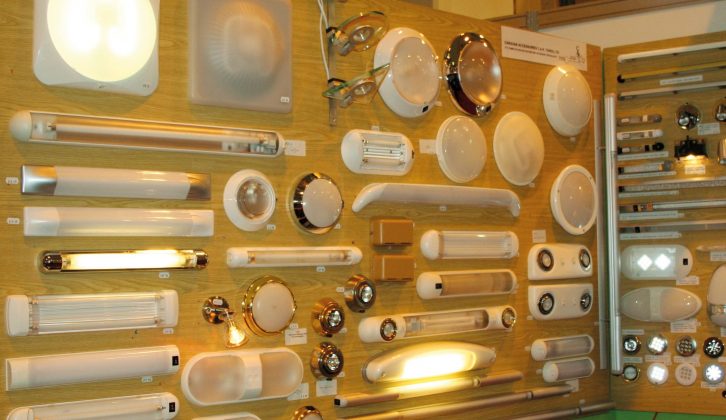 Accessories shops will have lighting displays like this to help you choose the right fittings for your motorhome