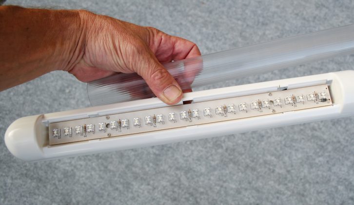 This narrow unit is 390mm (15.35in) long, has 24 bright-white LEDs and is designed for face-fitting, for example, under a shelf; it has a rocker switch at one end