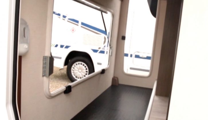The rear garage with three access points, a grippy floor, light and power, is a stand-out feature of the Chausson Flash 610