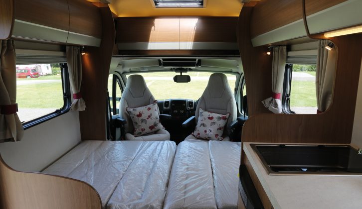 The transverse front double bed is 13cm narrower than the fixed bed, but – at 2.1m long – it fills the full width of the Auto-Trail