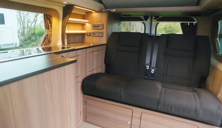 The floorplan has the familiar offside-kitchen camper arrangement, and there are two belted travel seats