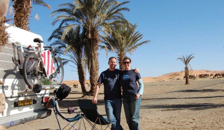 Julie and Jason Buckley with 'Dave' the 1991 Hymer BS544 at Erg Chebbi, one of Morocco's seas of Saharan sand dunes