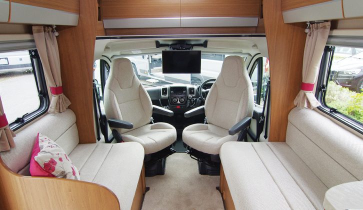 Inside the 2016 Auto-Trail Imala 730 which has a large footprint allowing generous parallel sofas in the lounge