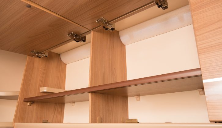 Overhead lockers boast push-button catches to prevent items falling out, and rear lounge lockers have shelves