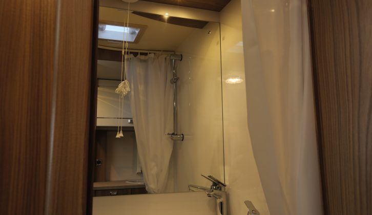 The washroom is another multi-purpose area in the Swift Escape 622, featuring a new-for-2016 Ecocamel Orbit shower head
