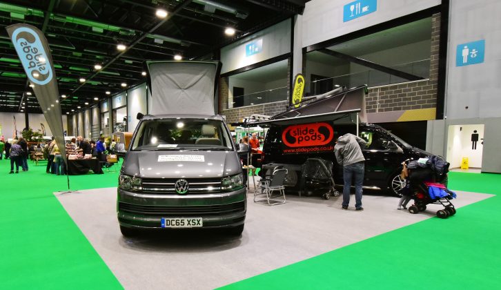 Despite taking up just a single hall, there were accessories as well as motorhomes at Camperex, such as Slide Pods, which creates extending conversions on the VW T5/T6 and Ford Transit Custom