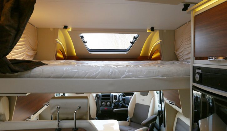 The 1.9 x 1.3/1.1m drop-down bed can be accessed by a ladder, or by climbing on the cab seats!