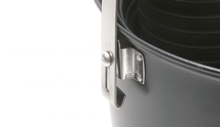 When you carry a pan by its loop-style handle, the two ends of the loops lock into their brackets to stop the pan swaying