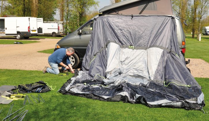 Once the awning is attached to your motorhome, peg down the groundsheet