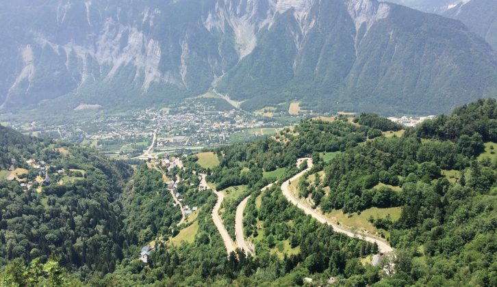 The view from L’Alpe d’Huez back towards the town of Le Bourg-d’Oisans. The D211 climbs up to the top of the mountain; in total there are 21 hairpin bends to negotiate