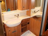 The nearside midships washroom in the Hymer B-Class DynamicLine 444 is spacious and refined