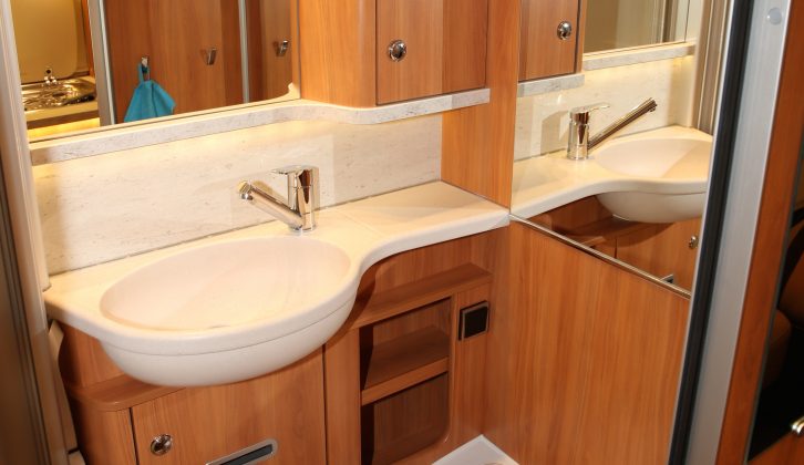 The nearside midships washroom in the Hymer B-Class DynamicLine 444 is spacious and refined