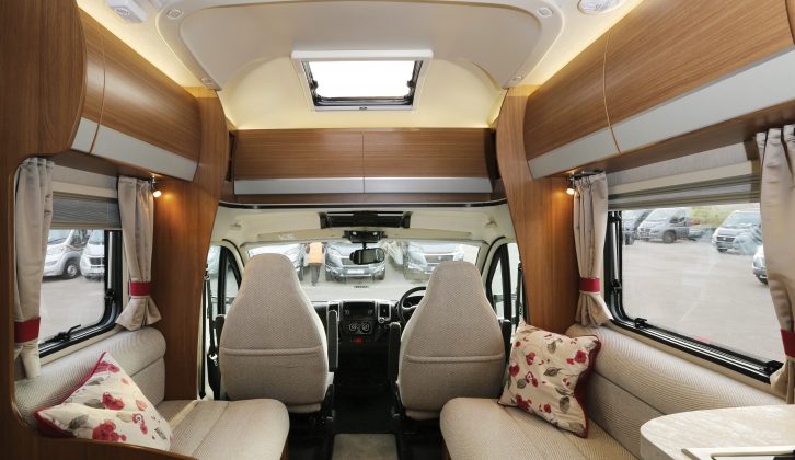 The 2016 Auto Trail Imala 730 has oatmeal-coloured 'Iris' seating with red accents, and there are four other furnishing options, including leather