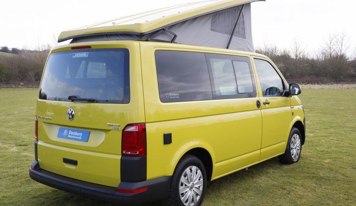 The 2016 Danbury Surf, based on a VW T6, is 1.9m (6/3") wide x 4.89m (16'6") long and 1.99m (6'6") high with the roof down