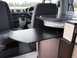 The passenger seat swivels and this extra tabletop allows four people to eat together in the Danbury Surf