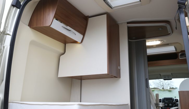 Clever storage solutions abound in the Pilote Foxy Van V540G, such as this sliding wardrobe, next to one of five overhead lockers