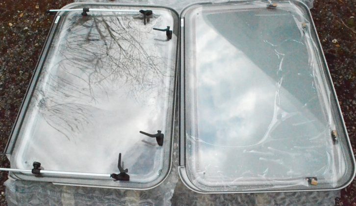 The stays and latches must be transferred from the damaged old window (left) to the replacement window (right)
