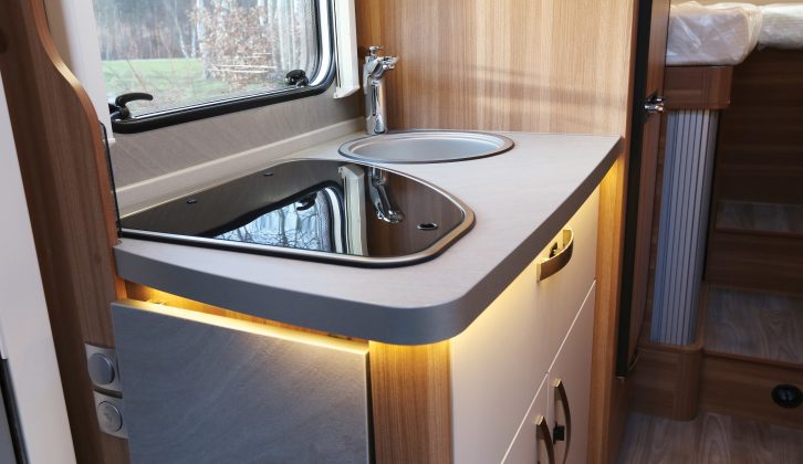 Well-built kitchen units and ambient lighting under the worktop make the ’van feel upmarket