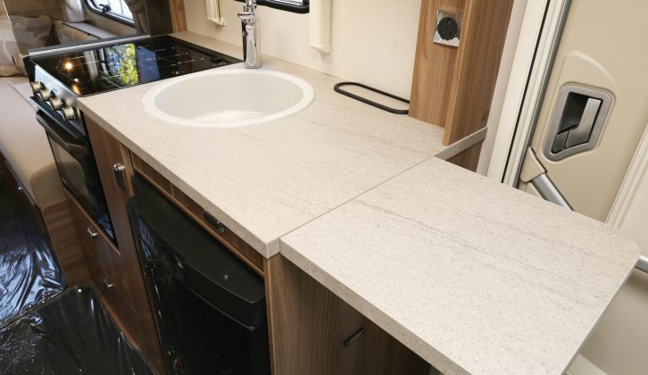 There's a welcome worktop extension flap plus an 80-litre fridge – read more in the Practical Motorhome Marquis Lifestyle 622 review