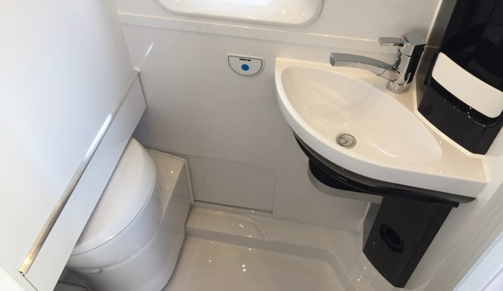 The washroom in this Vantana K60 Fs has a sliding toilet, freeing up extra space for showering while also allowing Hobby to fit larger beds