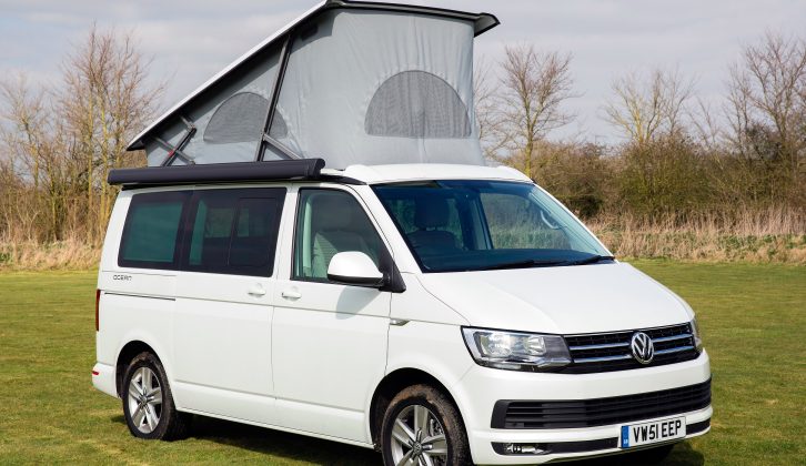 Our test VW campervan looks resplendent in its Oryx White
pearlescent paint (£606) – the awning is a £396 option