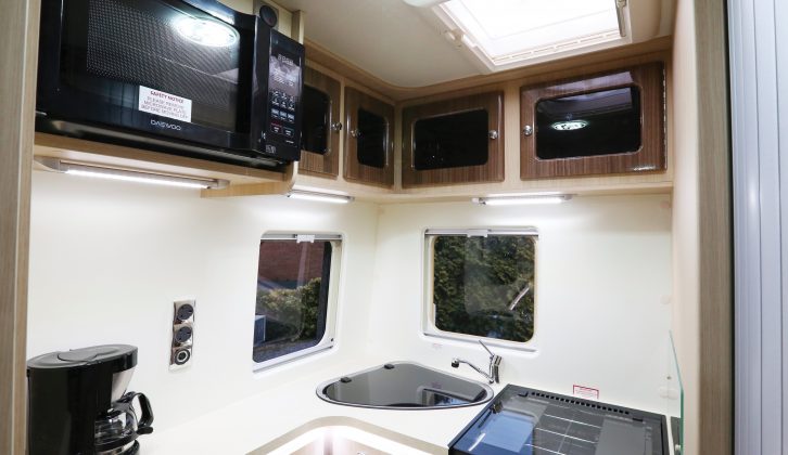 The kitchen occupies the offside rear corner of the Auto-Sleeper Stanway