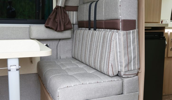The dinette travel seat in the Auto-Sleeper Stanway has two belts and although quite upright, is fitted with a wraparound lumbar support for comfort