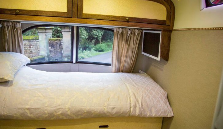 The bedroom also has luxury written all over it, with shiny new tech like a Samsung smart TV – unusual in any motorhomes for sale, especially a classic!