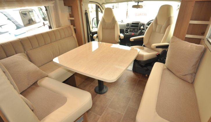 It's a roomy lounge, even more so with the cab seats swivelled, plus the fixed pedestal leg table has plenty of adjustment