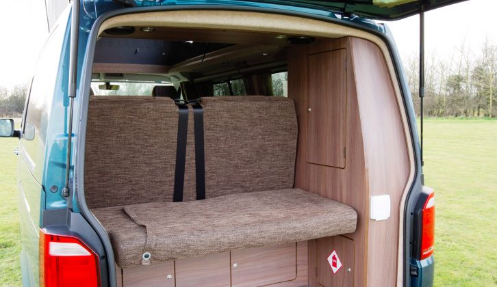 Raise the Birchover's tailgate to access a shower socket or to change the gas cylinder – two locker doors allow access beneath the seat bench, and there is even space for luggage