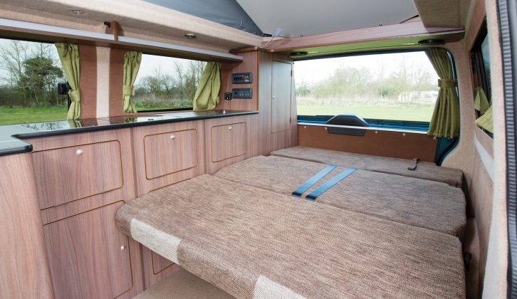 The RIB travel seat bench turns into a double bed – overhead is the SCA elevating roof