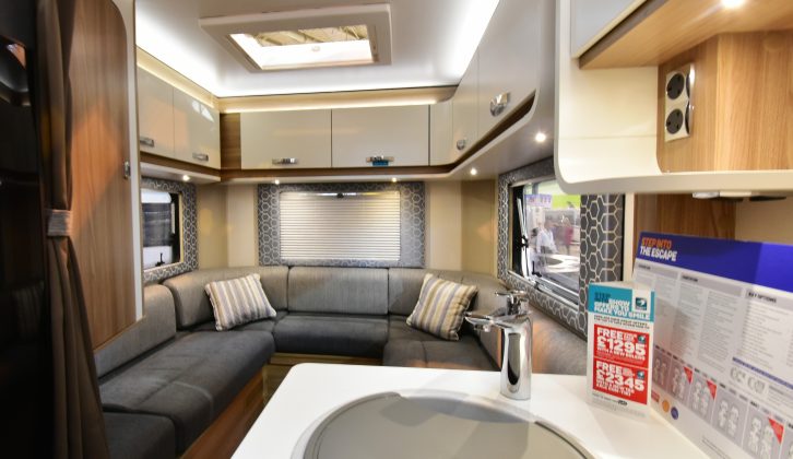 Inside the 2017 Swift Escape 674, which has a rear lounge, an L-shaped kitchen and a dinette