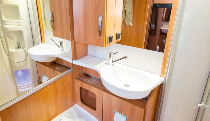 The Hymer's washroom may be small, but it feels bigger thanks to the multitude of mirrors and well-placed lights