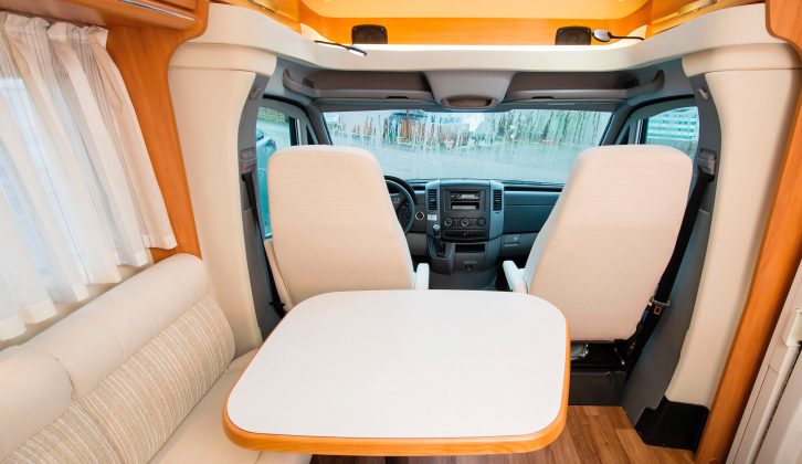 The two cab seats can both be swivelled, which creates a lounge that’s comfortable for four – the pedestal table can be moved back and forth, too