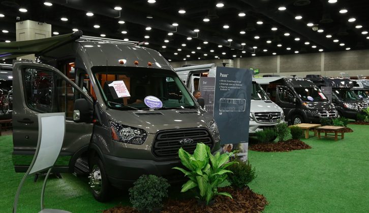 Here's a Ford Transit-based Winnebago Paseo, a type-B (van conversion) motorhome with a rear lounge and nearside midships washroom, powered by an EcoBoost V6 engine