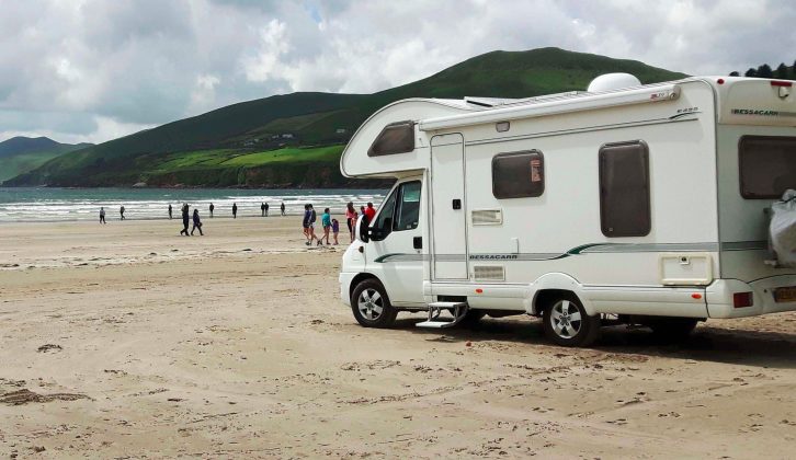 Patrick Jones and his Bessacarr E795 on the Inch Strand in Ireland