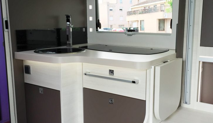 The Chausson 630's kitchen area is well lit and looks stylish with a sleek chrome tap, but it's not a huge space