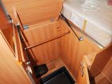 To save space, the main wardrobe in this Hymer motorhome is located in the offside bed base – being a top-loader, though, it’s all very easy to access