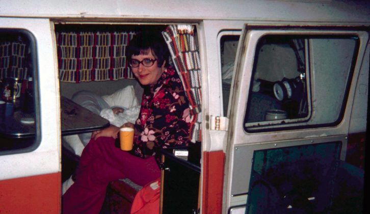 Here's Mary in that hired VW camper van that first set her pulse racing and got her hooked on the touring lifestyle
