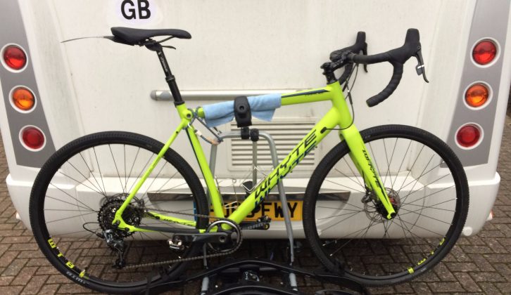 The bike locked onto the cycle carrier which, in turn, locked onto the Benimar's towball