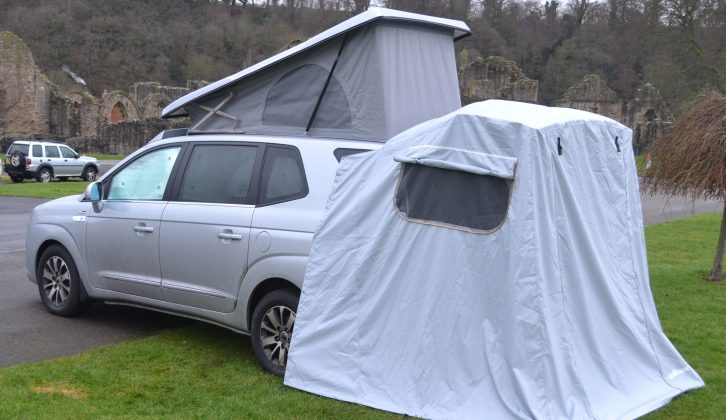 The easy-to-set-up tailgate awning extends the living space