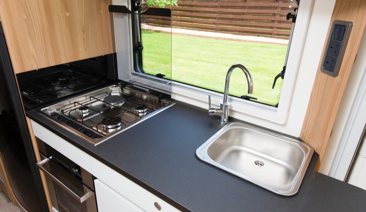 The square sink with its flush-fit screwheads on display is the one slight negative in an otherwise ergonomic kitchen – read more in the Practical Motorhome Bailey Autograph 79-4 review